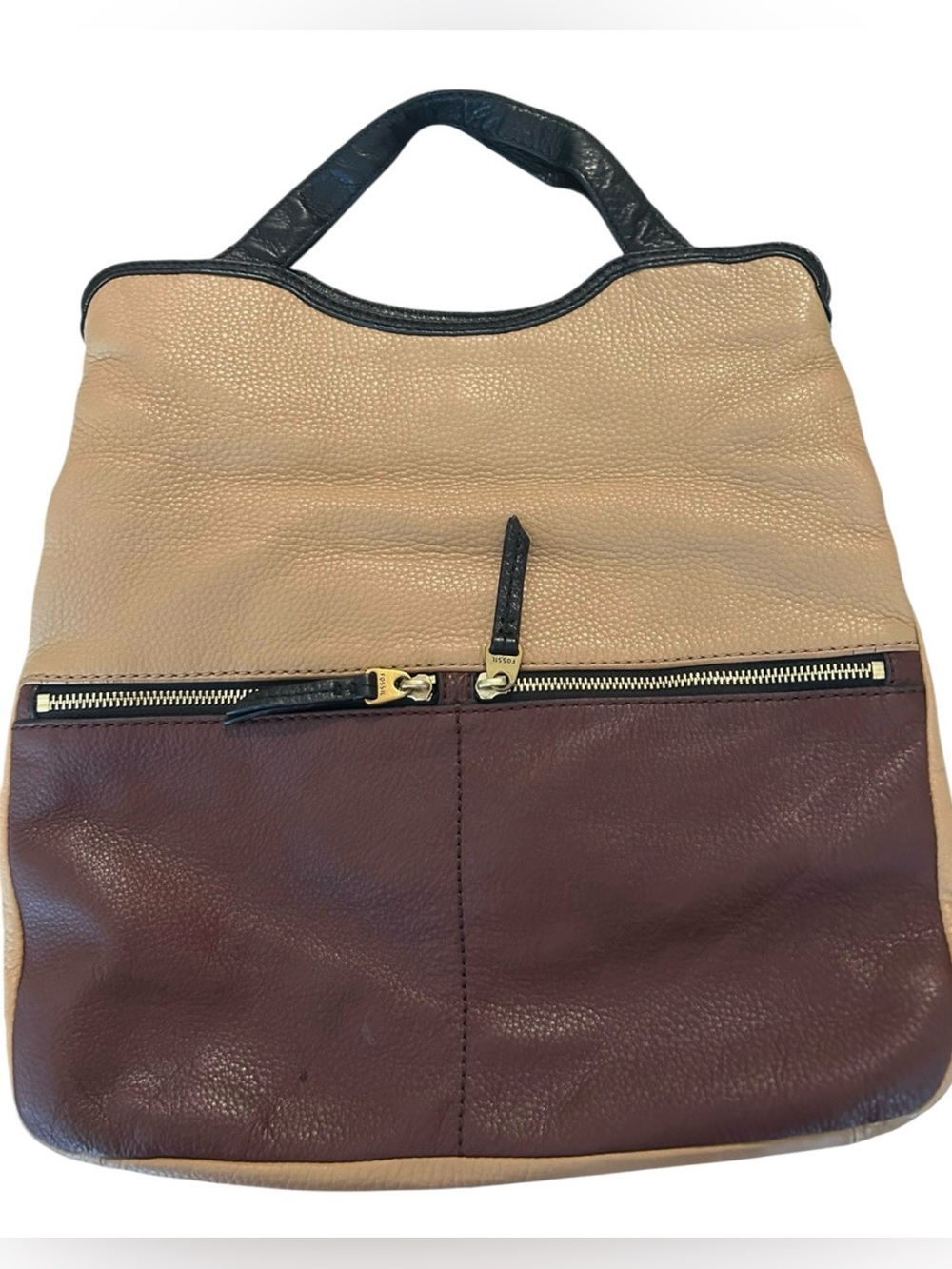 Fossil Erin color block tote bag brown beige leather crossbody